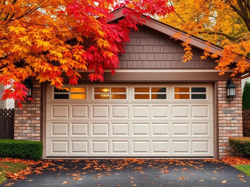 Technician performing fall maintenance inspection on residential garage door